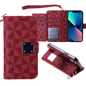 iPhone 14 Pro Max Triangle Geometric Design Wallet Case - RED