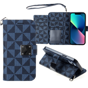 iPhone 14 Pro Max Triangle Geometric Design Wallet Case - BLUE