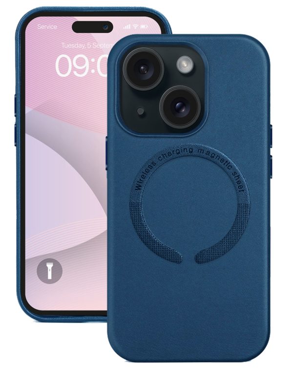 iPhone 15 Slim Leather w/ Wireless Charging - NAVY BLUE
