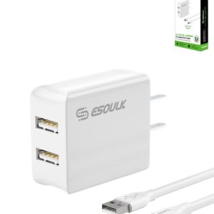 Esoulk EC44P Dual USB A Wall Charger w/ USB C Cable (WHITE) (5ft)