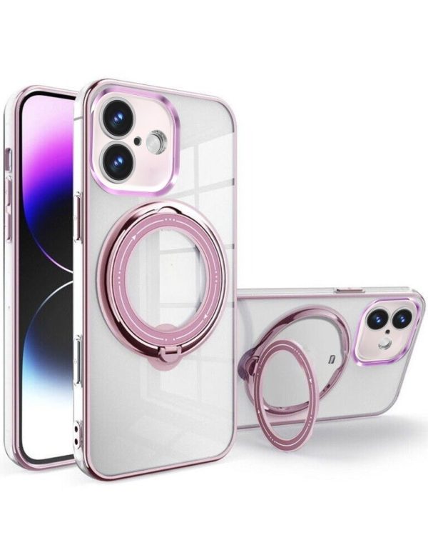 iPhone 16 Magnetic Clear Cases w/ Magsafe Ring Stand - PINK