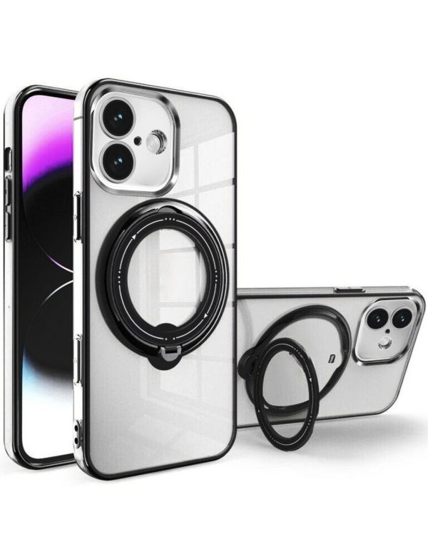iPhone 16 Magnetic Clear Cases w/ Magsafe Ring Stand - BLACK