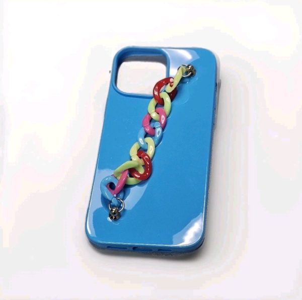 iPhone 13 Pro Max Case – Glossy Blue with Colorful Chain Strap